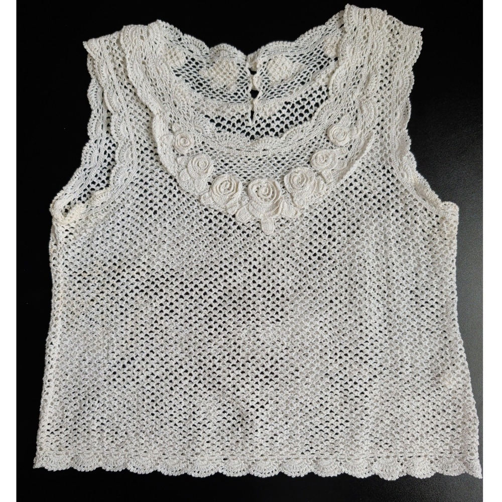 Vintage White Cream Crochet Floral Rosette Tank Top Sleeveless Mesh Knit Shirt